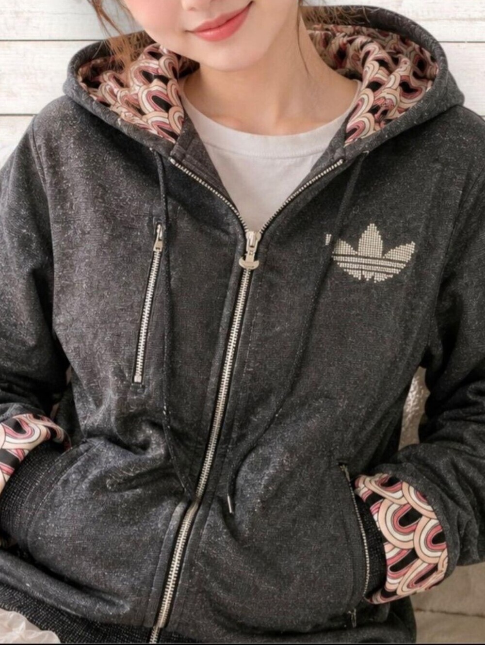 adidas Charcoal Zip Hoodie with Pink Patterned Lining